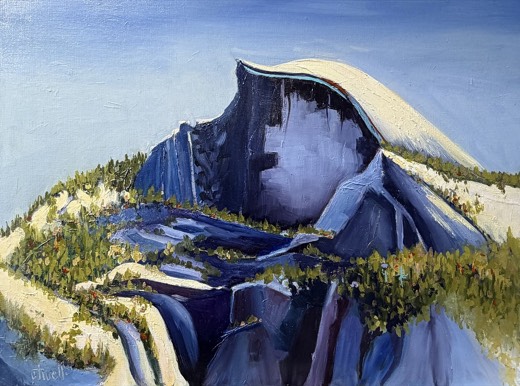 Morning Blues, Half Dome — an oil painting by Penny Otwell of Half Dome's shadowed face above sunlit granite