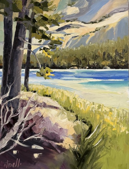 Return to Tenaya Lake, oil on canvas, 16 × 12 × 1.5 — a painting by Penny Otwell of lodgepole pines on a granite shore above Tenaya Lake's turquoise water.