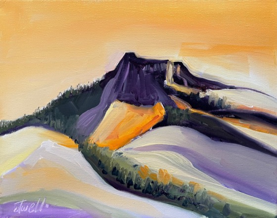 Tenaya Peak, oil, 8 × 10 — a painting by Penny Otwell of Tenaya Peak's dark summit above sunlit snow slopes under an orange evening sky.