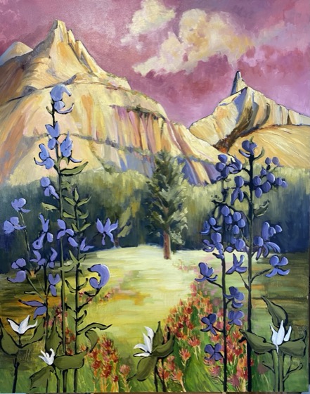Tuolumne Sundown, oil on canvas, 60 × 48 × 1.5 — a painting by Penny Otwell of lupine and wildflowers in a Tuolumne meadow below peaks glowing pink at sundown.