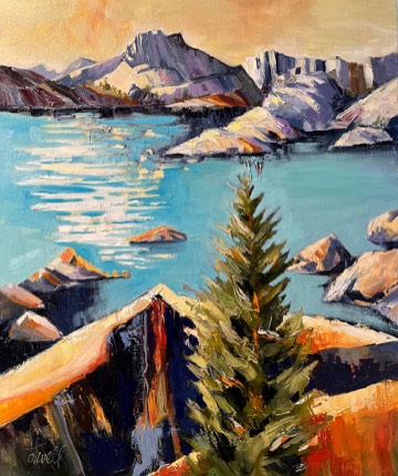 Wilderness Solitude, oil, 24 × 20 — a painting by Penny Otwell of a turquoise alpine lake with lodgepole pines on a granite shore.