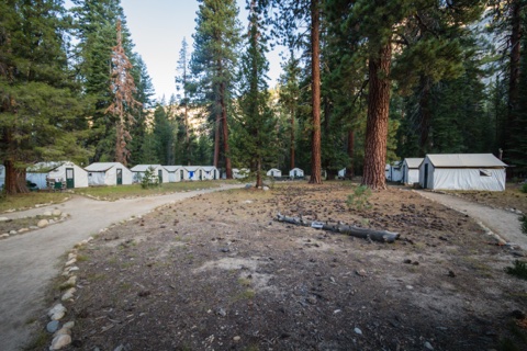Tent cabins under the pines at Merced Lake High Sierra Camp