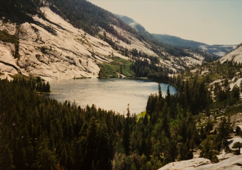 Merced Lake from the granite bench above, looking down-canyon.