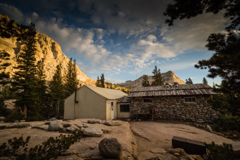 Morning alpenglow over the dining hall.