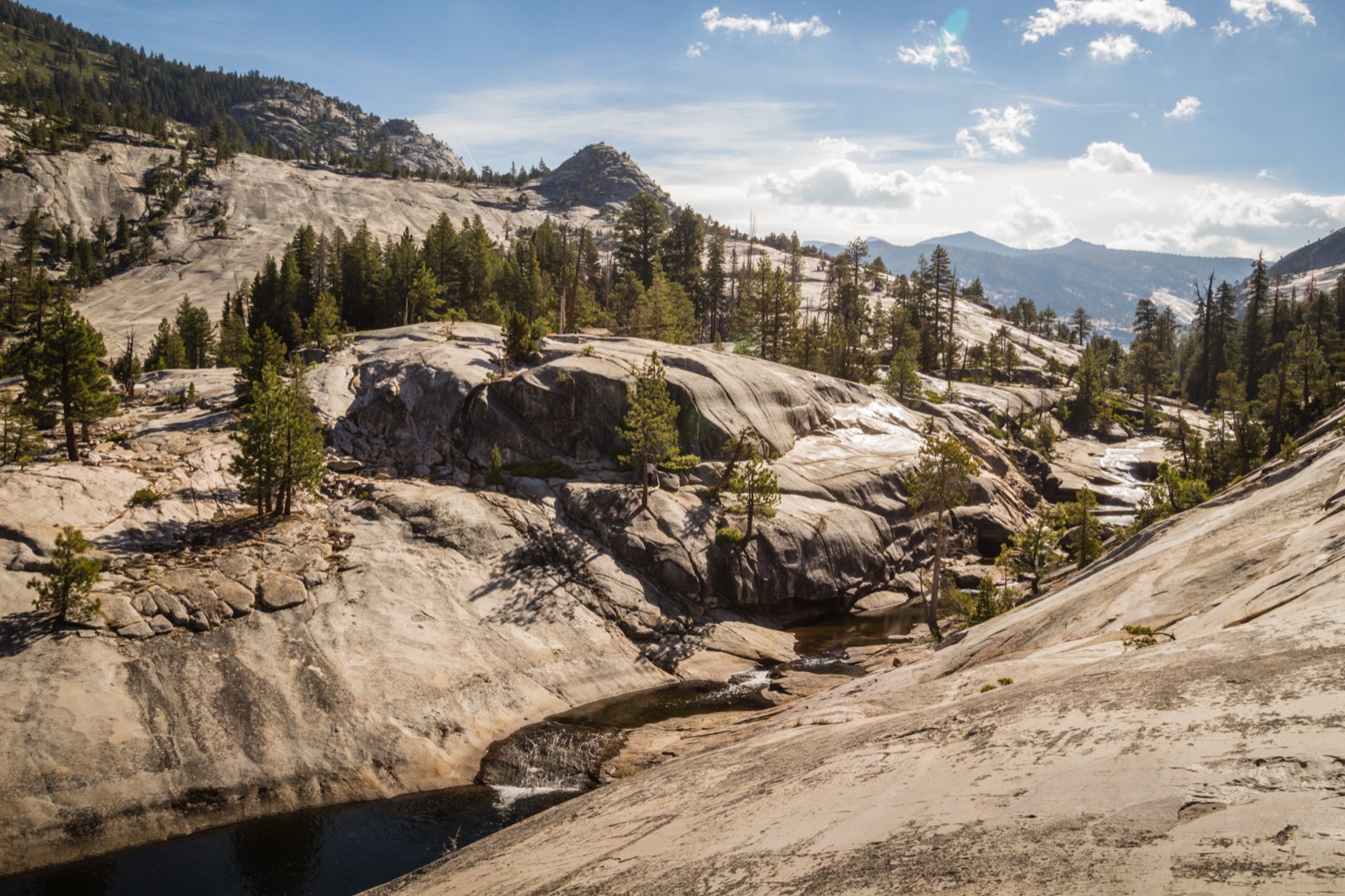 The river winding through open granite slabs and scattered pines in the Yosemite high country